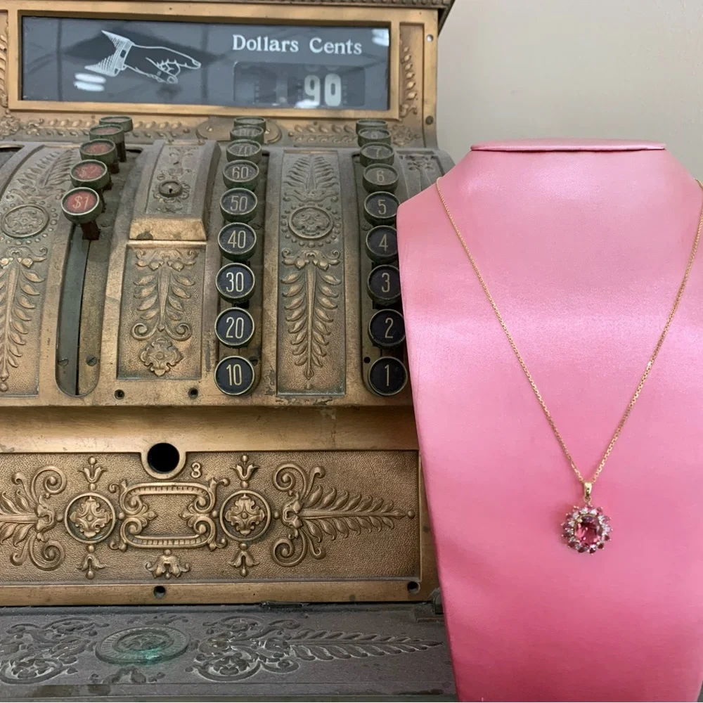 Pink Tourmaline & Diamond 14K YG SUNBURST Pendant w/ 18” Chain - Picture 8 of 10